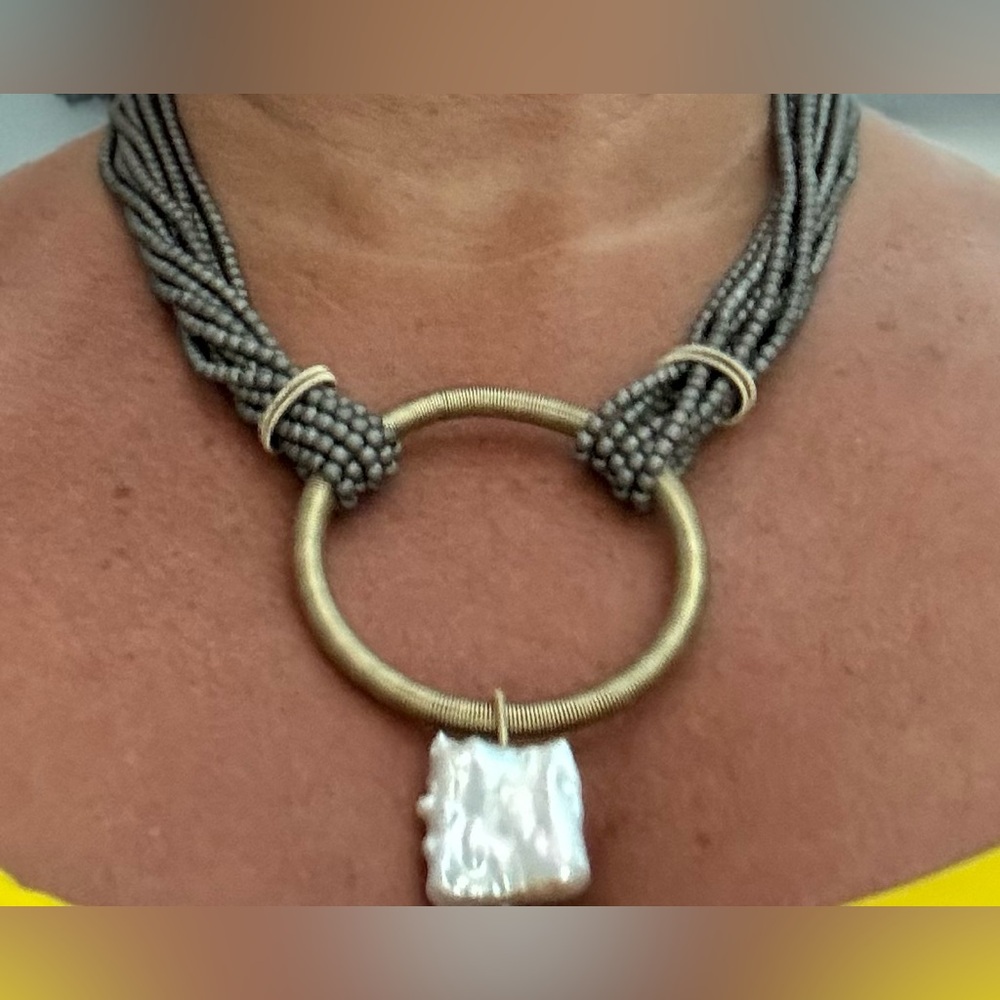 Hematite Beaded Statement Necklace With Baroque P… - image 3